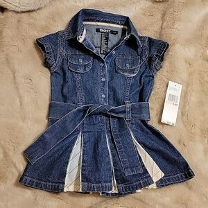 DKNY DENIM BELTED DRESS WITH PLEATED SKIRT AND PEARL BUTTONS, SIZE 2/2T - NEW!